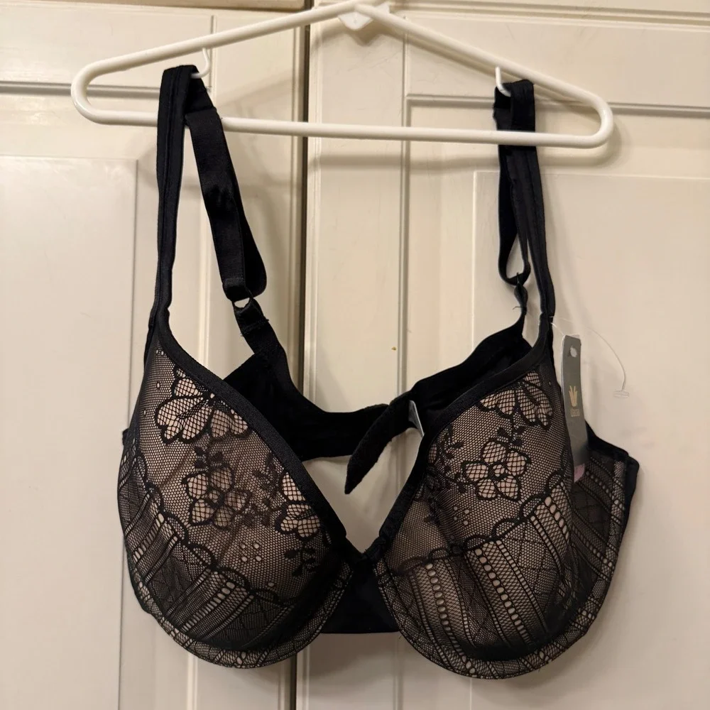 Wacoal Elevate Underwire Bra Black Nude Lace Full Coverage 36D 853268‎ NWT